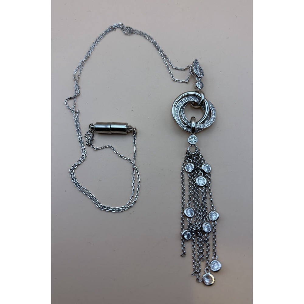 Silver CZ Tassel Fringe Necklace Pave Circle‎ Pendant Magnetic Clasp Arthritis